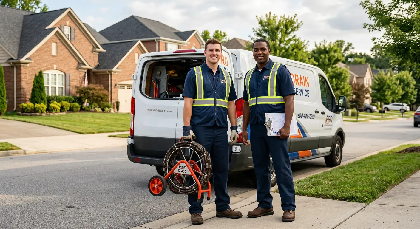 Sewer and drain service team with equipment ready for work in Sterling