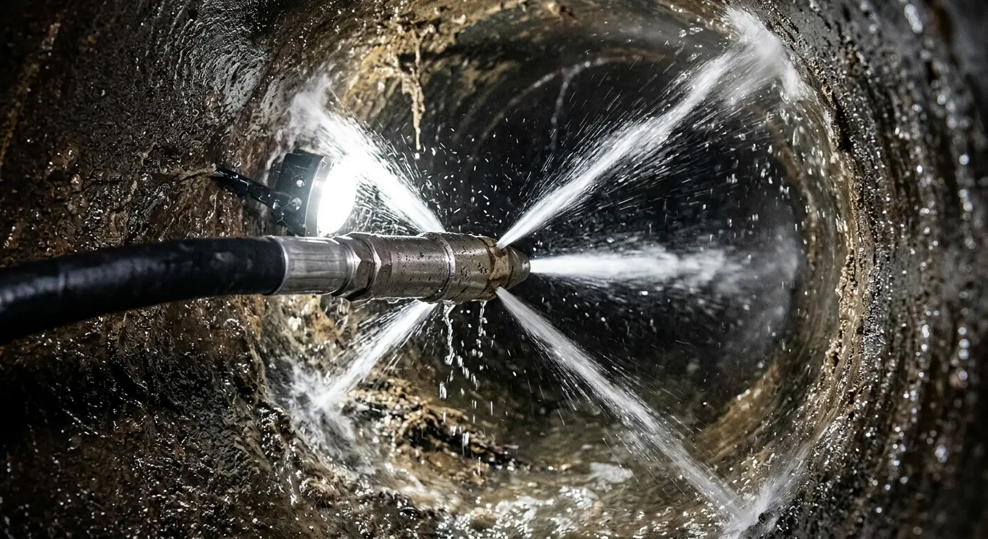 High-pressure hydro jetting nozzle cleaning sewer pipe for Emergency Drain Service in Sterling