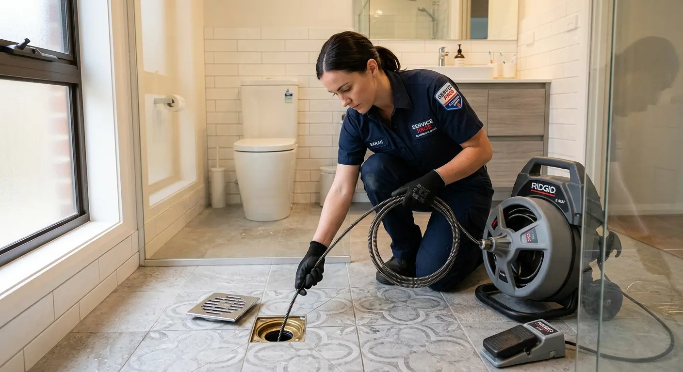 Technician clearing a bathroom floor drain for Drain Cleaning in Sterling